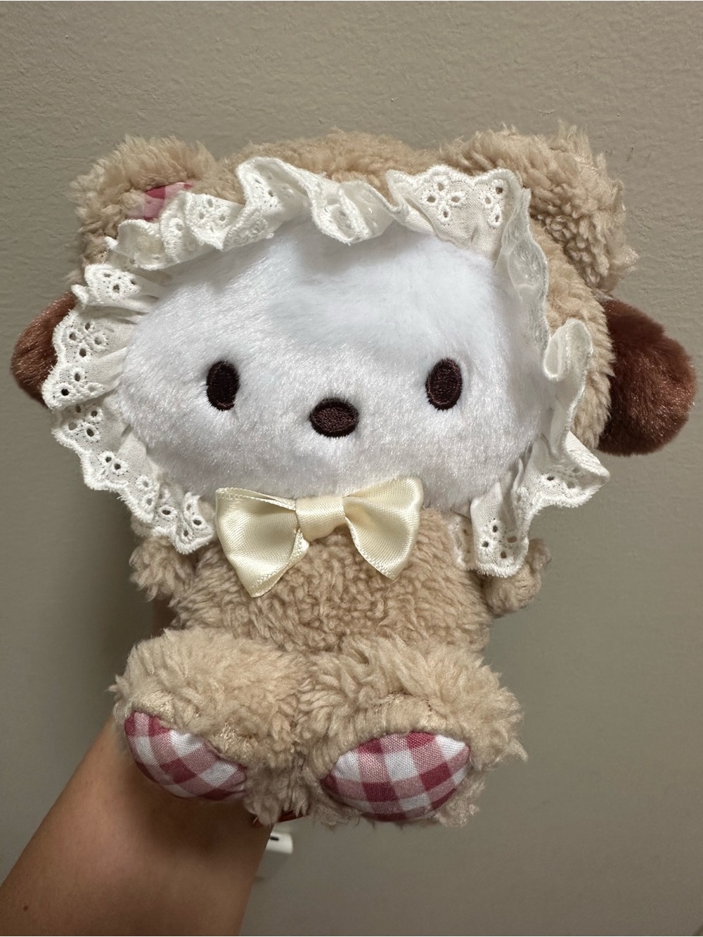 New Sanrio Pochaco Dog 5.9” Soft Plush, Frill Bear Gingham Pink Tan Round 1